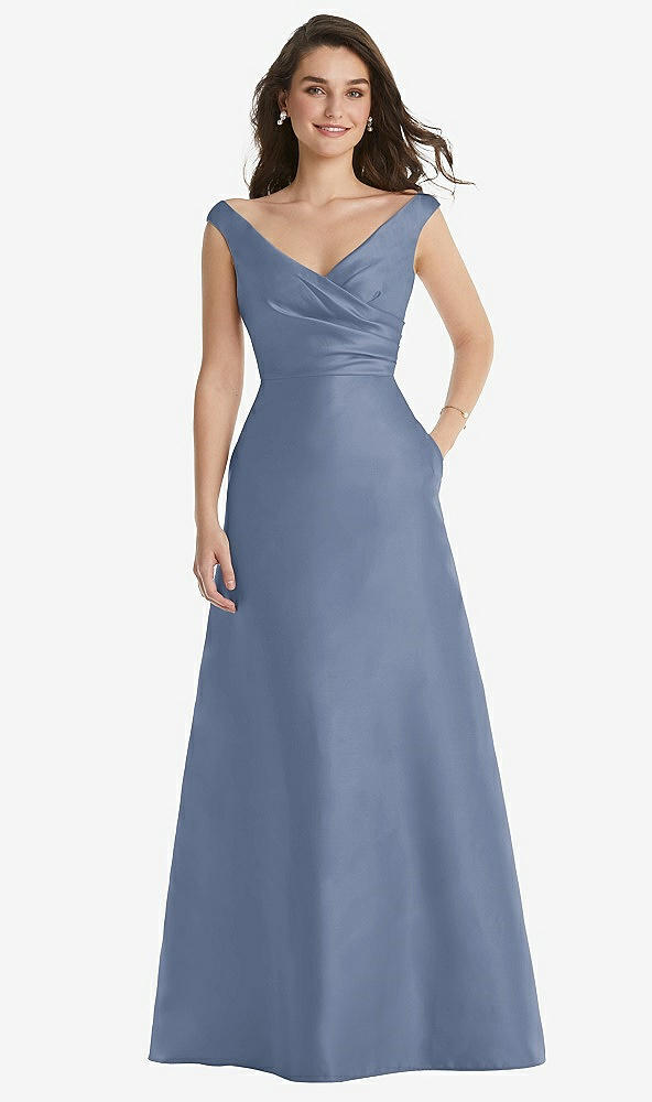 Front View - Larkspur Blue Off-the-Shoulder Draped Wrap Maxi Dress with Pockets