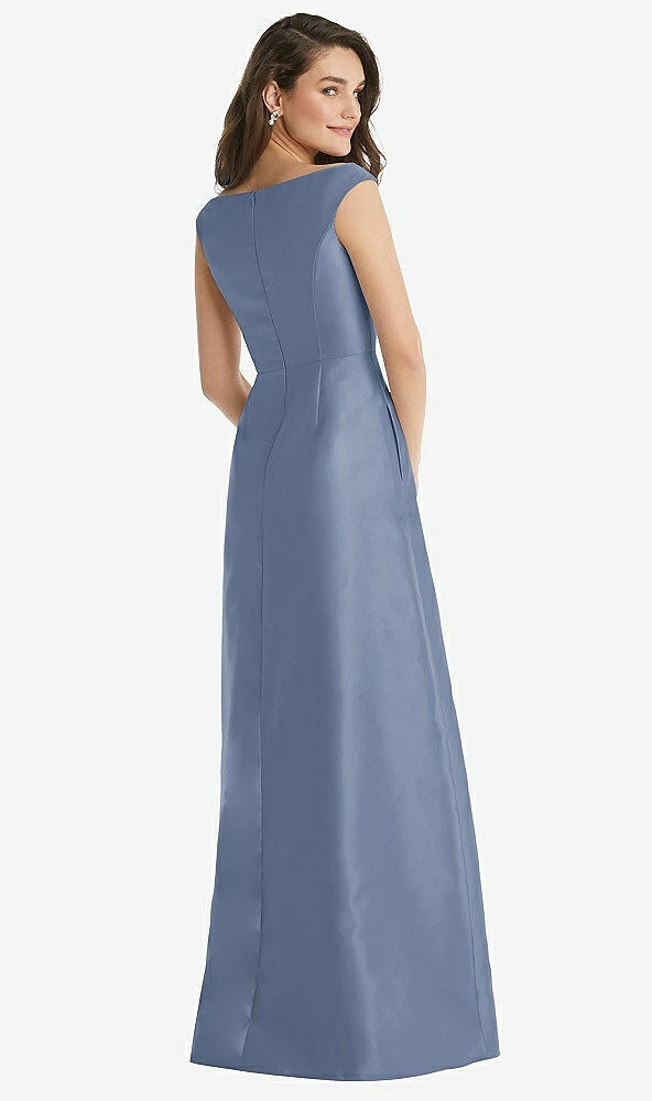 Back View - Larkspur Blue Off-the-Shoulder Draped Wrap Maxi Dress with Pockets