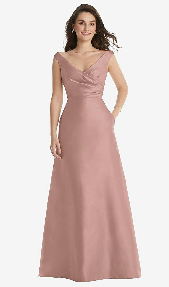 Front View - Neu Nude Off-the-Shoulder Draped Wrap Maxi Dress with Pockets