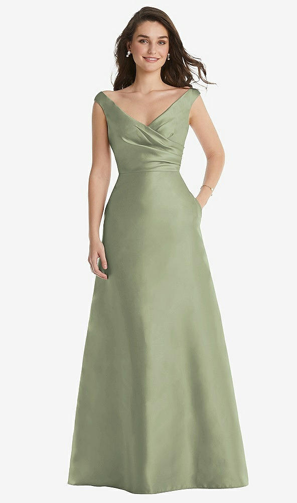 Front View - Sage Off-the-Shoulder Draped Wrap Maxi Dress with Pockets