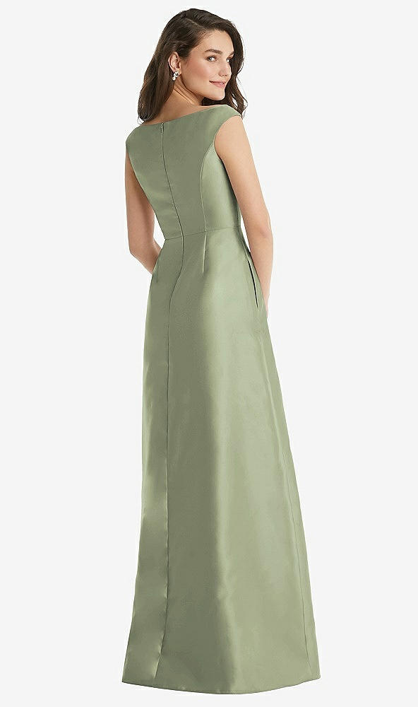 Back View - Sage Off-the-Shoulder Draped Wrap Maxi Dress with Pockets