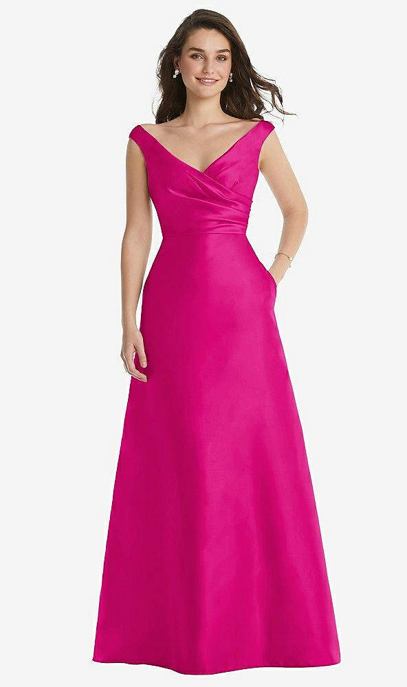 Front View - Think Pink Off-the-Shoulder Draped Wrap Maxi Dress with Pockets