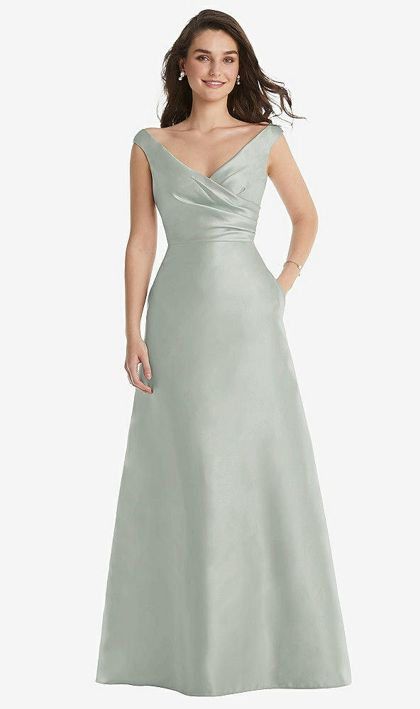 Front View - Willow Green Off-the-Shoulder Draped Wrap Maxi Dress with Pockets