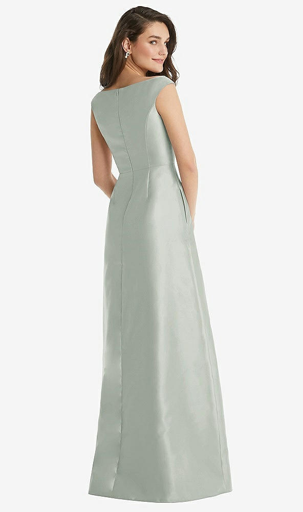 Back View - Willow Green Off-the-Shoulder Draped Wrap Maxi Dress with Pockets