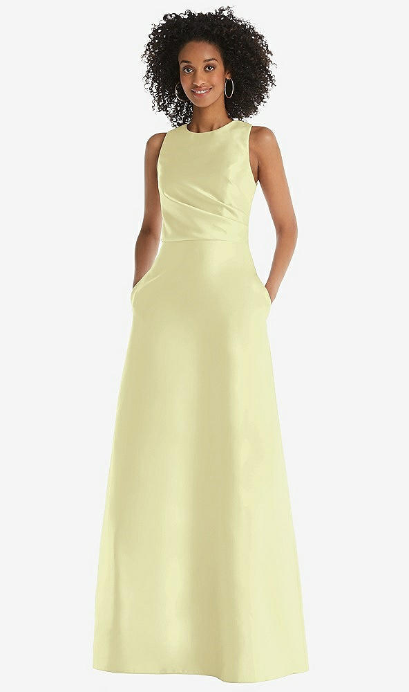 Front View - Butter Yellow Jewel Neck Asymmetrical Shirred Bodice Maxi Dress with Pockets