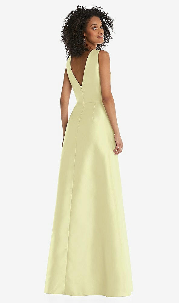 Back View - Butter Yellow Jewel Neck Asymmetrical Shirred Bodice Maxi Dress with Pockets