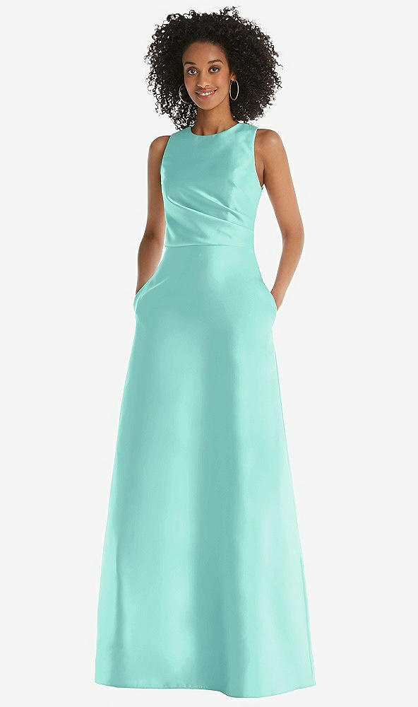 Front View - Coastal Jewel Neck Asymmetrical Shirred Bodice Maxi Dress with Pockets