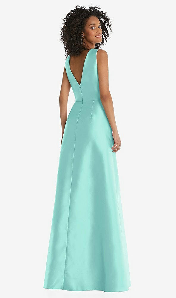 Back View - Coastal Jewel Neck Asymmetrical Shirred Bodice Maxi Dress with Pockets