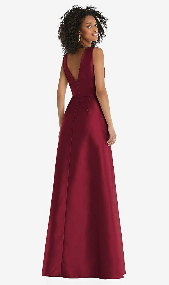 Back View - Burgundy Jewel Neck Asymmetrical Shirred Bodice Maxi Dress with Pockets