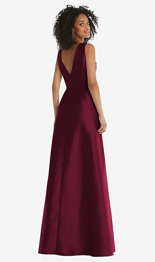 Back View - Cabernet Jewel Neck Asymmetrical Shirred Bodice Maxi Dress with Pockets