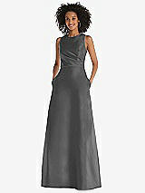 Front View Thumbnail - Gunmetal Jewel Neck Asymmetrical Shirred Bodice Maxi Dress with Pockets