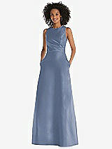 Front View Thumbnail - Larkspur Blue Jewel Neck Asymmetrical Shirred Bodice Maxi Dress with Pockets