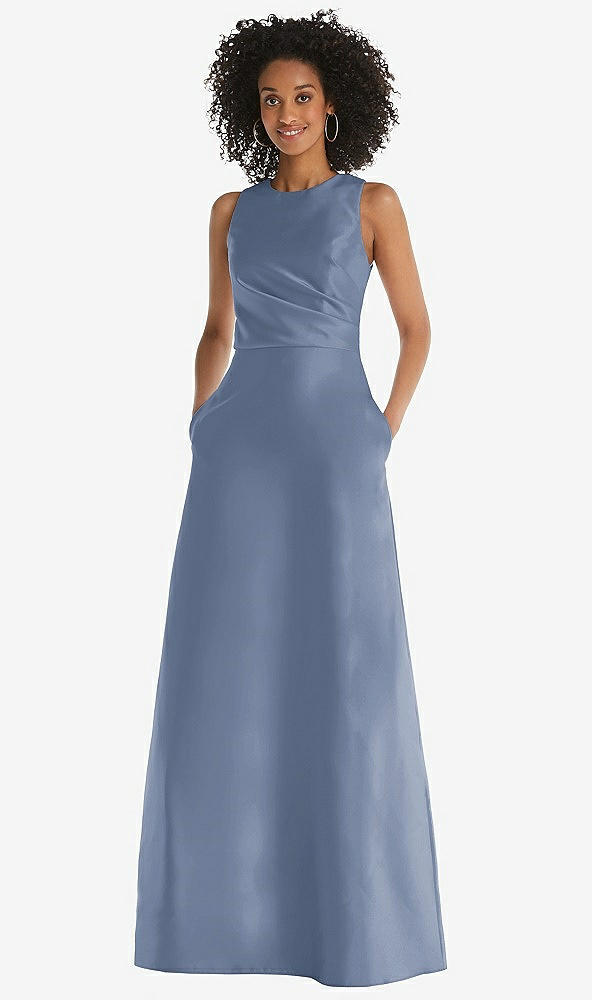 Front View - Larkspur Blue Jewel Neck Asymmetrical Shirred Bodice Maxi Dress with Pockets