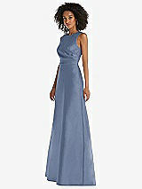 Side View Thumbnail - Larkspur Blue Jewel Neck Asymmetrical Shirred Bodice Maxi Dress with Pockets