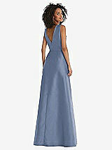 Rear View Thumbnail - Larkspur Blue Jewel Neck Asymmetrical Shirred Bodice Maxi Dress with Pockets