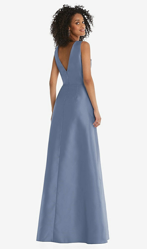 Back View - Larkspur Blue Jewel Neck Asymmetrical Shirred Bodice Maxi Dress with Pockets