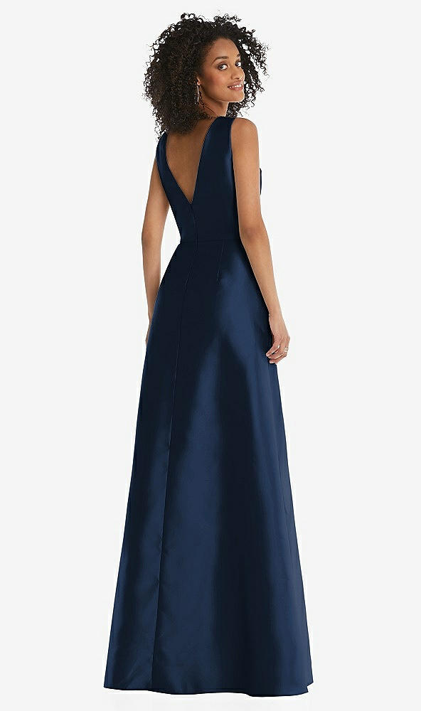 Back View - Midnight Navy Jewel Neck Asymmetrical Shirred Bodice Maxi Dress with Pockets