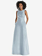 Front View Thumbnail - Mist Jewel Neck Asymmetrical Shirred Bodice Maxi Dress with Pockets