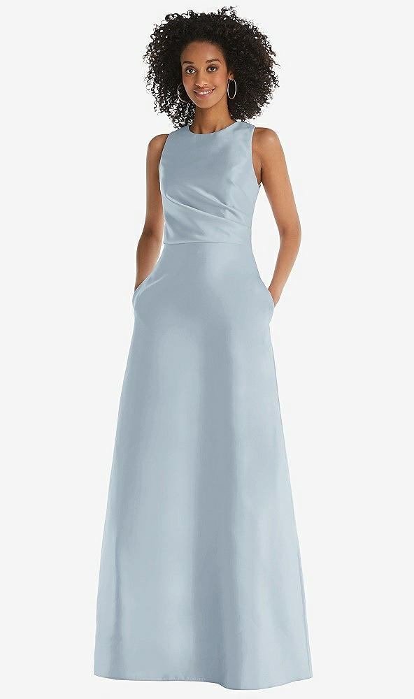 Front View - Mist Jewel Neck Asymmetrical Shirred Bodice Maxi Dress with Pockets