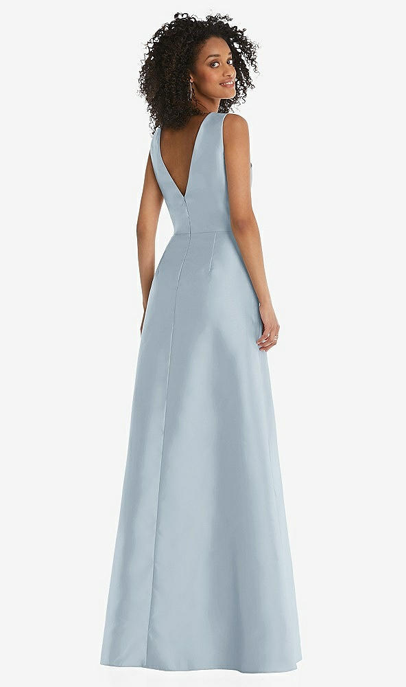 Back View - Mist Jewel Neck Asymmetrical Shirred Bodice Maxi Dress with Pockets