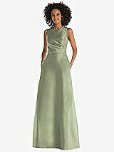 Front View Thumbnail - Sage Jewel Neck Asymmetrical Shirred Bodice Maxi Dress with Pockets