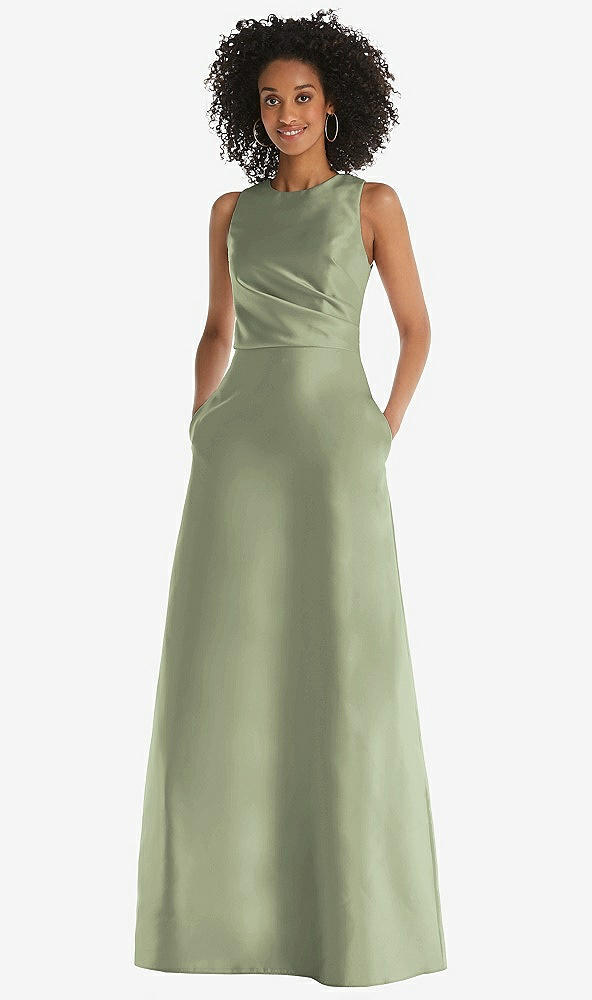 Front View - Sage Jewel Neck Asymmetrical Shirred Bodice Maxi Dress with Pockets