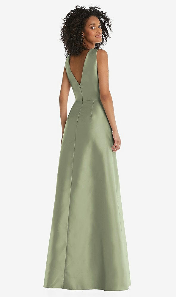 Back View - Sage Jewel Neck Asymmetrical Shirred Bodice Maxi Dress with Pockets