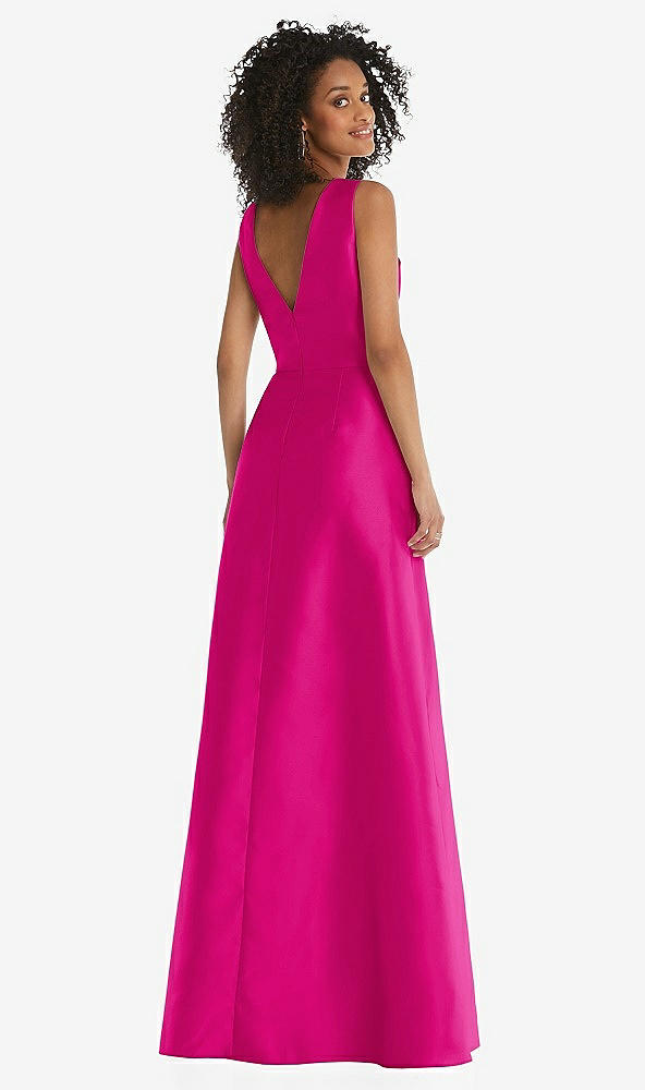 Back View - Think Pink Jewel Neck Asymmetrical Shirred Bodice Maxi Dress with Pockets