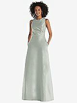 Front View Thumbnail - Willow Green Jewel Neck Asymmetrical Shirred Bodice Maxi Dress with Pockets