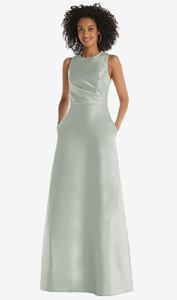 Front View - Willow Green Jewel Neck Asymmetrical Shirred Bodice Maxi Dress with Pockets