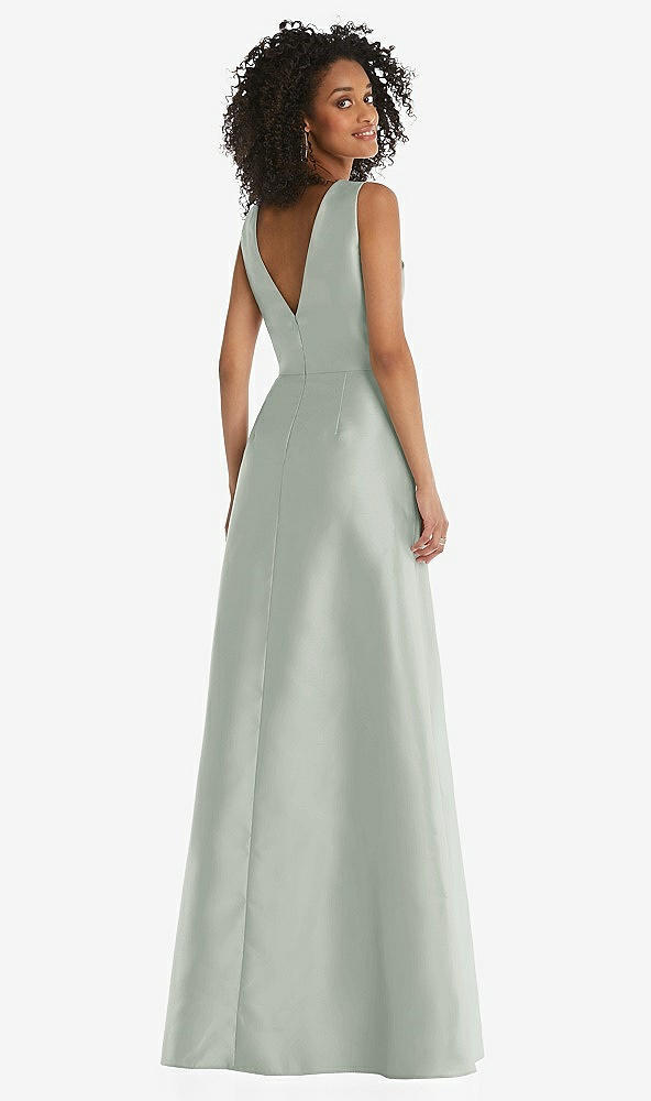 Back View - Willow Green Jewel Neck Asymmetrical Shirred Bodice Maxi Dress with Pockets