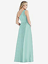 Rear View Thumbnail - Coastal Pleated Draped One-Shoulder Satin Maxi Dress with Pockets