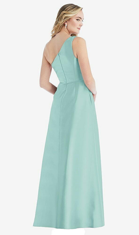 Back View - Coastal Pleated Draped One-Shoulder Satin Maxi Dress with Pockets