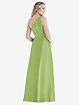 Rear View Thumbnail - Mojito Pleated Draped One-Shoulder Satin Maxi Dress with Pockets