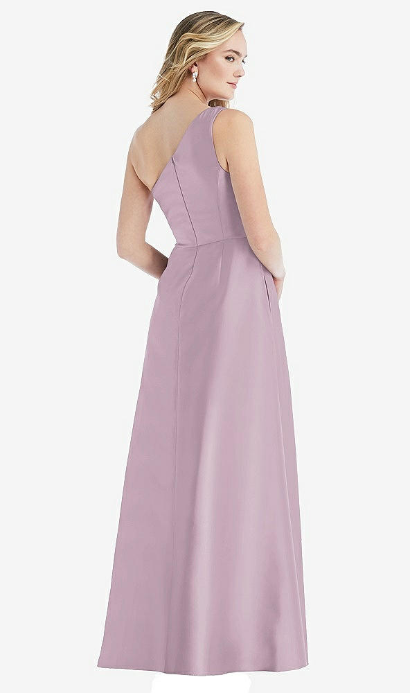 Back View - Suede Rose Pleated Draped One-Shoulder Satin Maxi Dress with Pockets