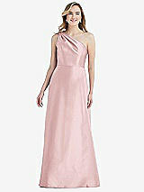 Front View Thumbnail - Ballet Pink Pleated Draped One-Shoulder Satin Maxi Dress with Pockets