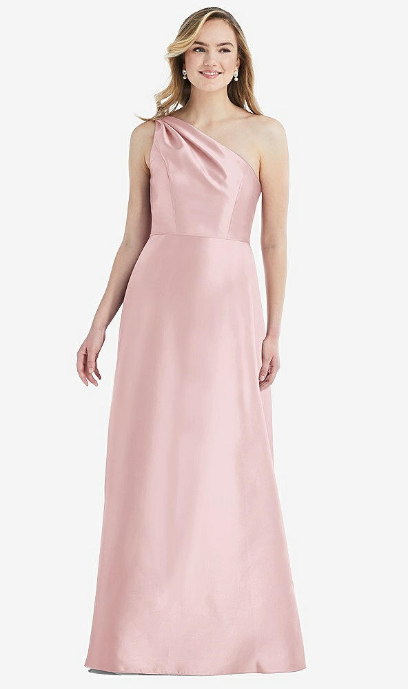 Front View - Ballet Pink Pleated Draped One-Shoulder Satin Maxi Dress with Pockets