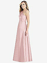 Side View Thumbnail - Ballet Pink Pleated Draped One-Shoulder Satin Maxi Dress with Pockets