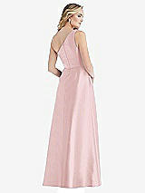 Rear View Thumbnail - Ballet Pink Pleated Draped One-Shoulder Satin Maxi Dress with Pockets