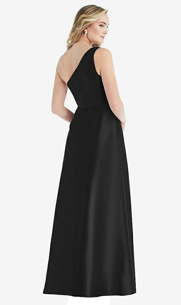 Back View - Black Pleated Draped One-Shoulder Satin Maxi Dress with Pockets