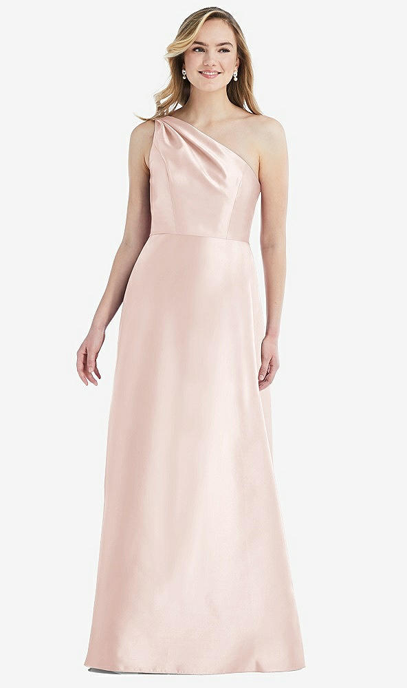 Front View - Blush Pleated Draped One-Shoulder Satin Maxi Dress with Pockets