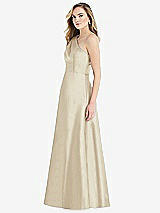 Side View Thumbnail - Champagne Pleated Draped One-Shoulder Satin Maxi Dress with Pockets