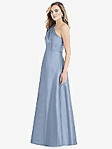 Side View Thumbnail - Cloudy Pleated Draped One-Shoulder Satin Maxi Dress with Pockets