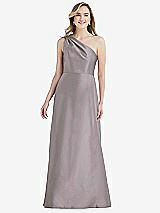 Front View Thumbnail - Cashmere Gray Pleated Draped One-Shoulder Satin Maxi Dress with Pockets