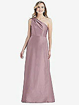 Front View Thumbnail - Dusty Rose Pleated Draped One-Shoulder Satin Maxi Dress with Pockets