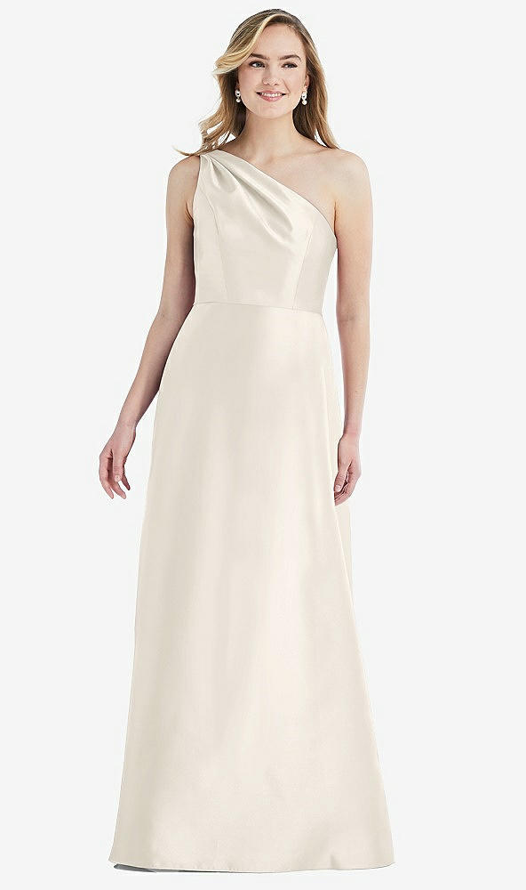 Front View - Ivory Pleated Draped One-Shoulder Satin Maxi Dress with Pockets