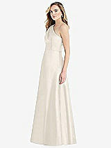 Side View Thumbnail - Ivory Pleated Draped One-Shoulder Satin Maxi Dress with Pockets