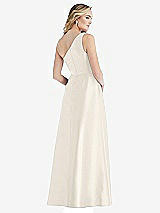 Rear View Thumbnail - Ivory Pleated Draped One-Shoulder Satin Maxi Dress with Pockets