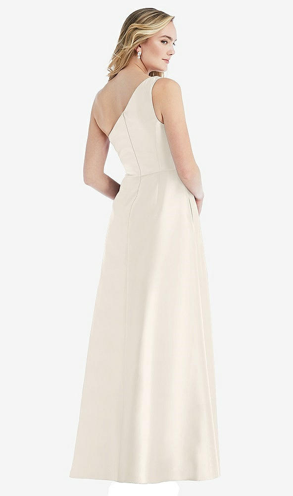 Back View - Ivory Pleated Draped One-Shoulder Satin Maxi Dress with Pockets