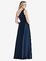 Rear View Thumbnail - Midnight Navy Pleated Draped One-Shoulder Satin Maxi Dress with Pockets